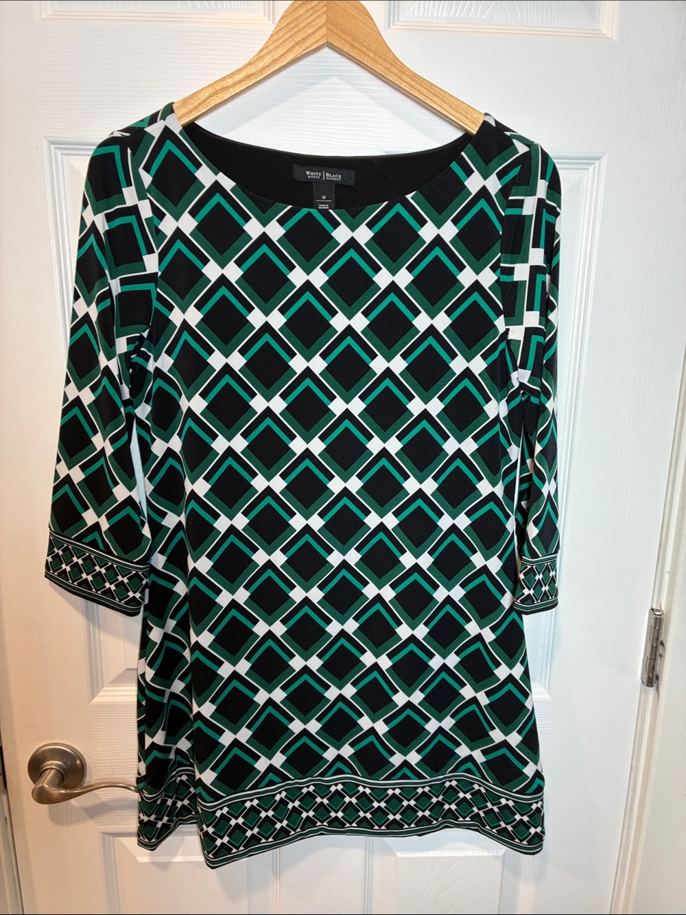 White House Black Market Black, Green & White Geometric Tunic
